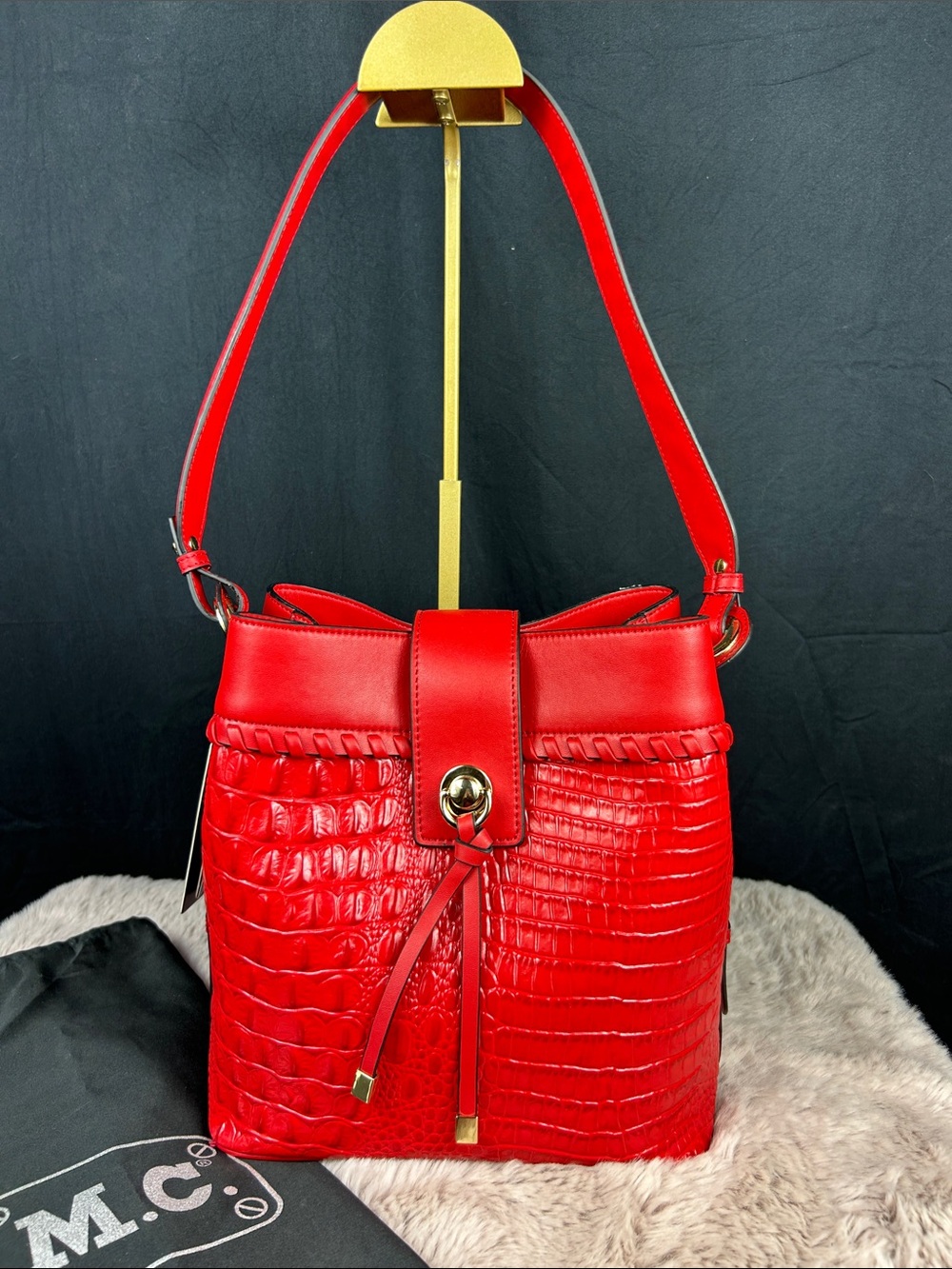 M.C. Handbags Macy Croco Genuine Leather Red Bucket Bag NWT